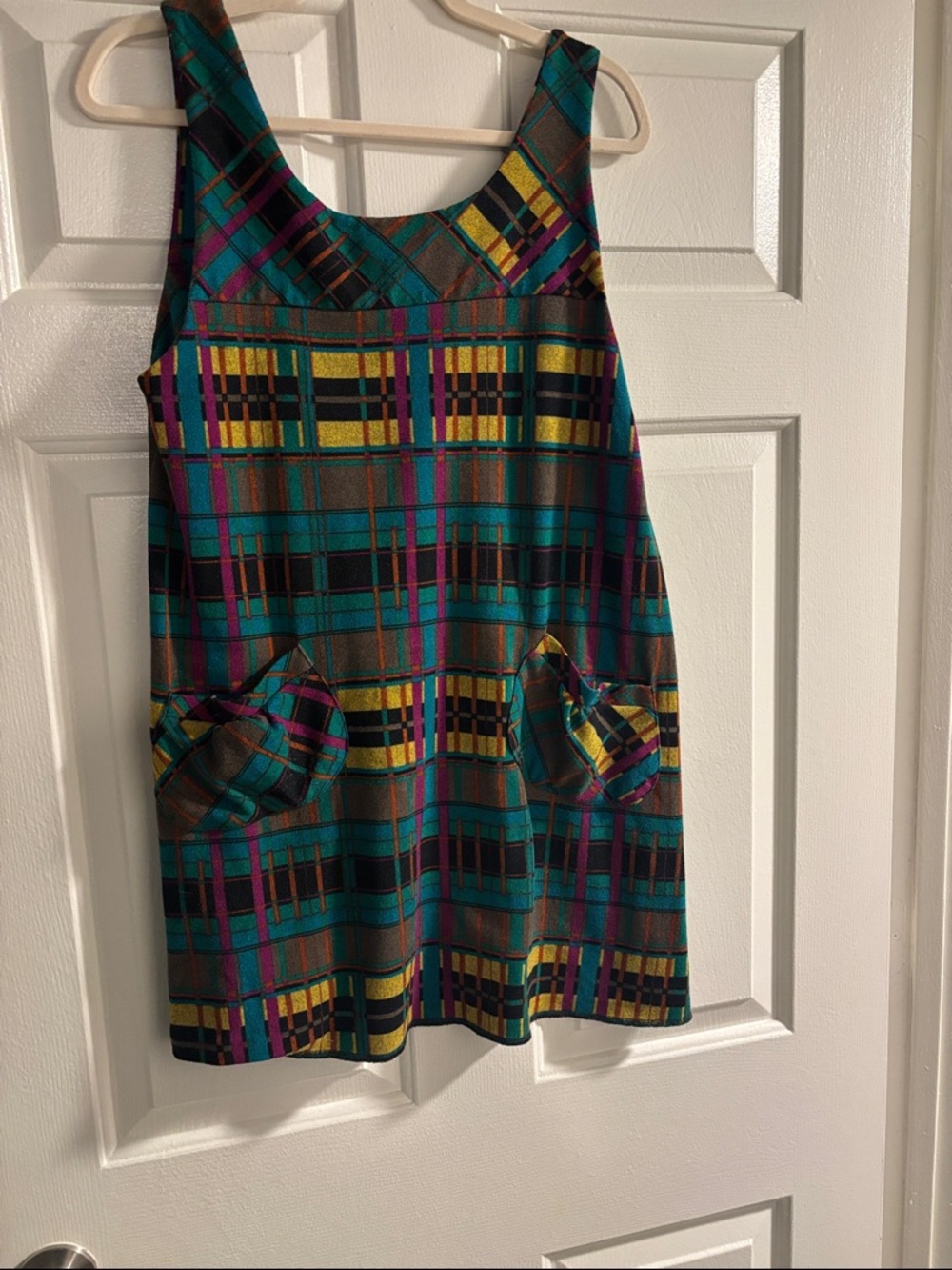 Vintage Plaid Sleeveless A-Line Dress in Teal, Purple & Yellow